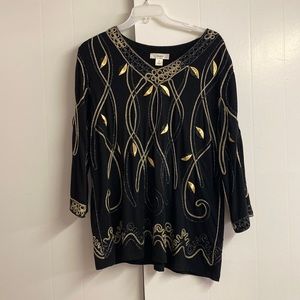 Black and gold three-quarter length sleeve knit top with black & gold succotash